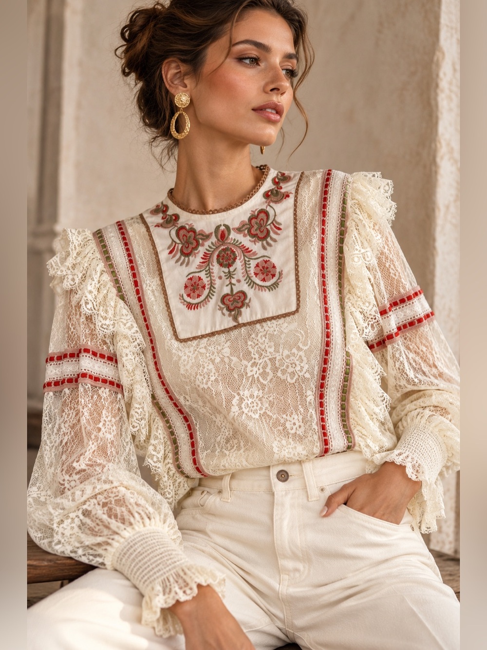 Anthropologie Bl^nk London Tali Lace Embroidered Boho Romantic sheer Blouse M